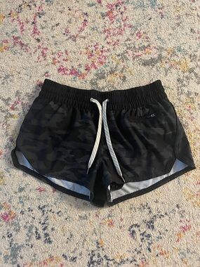 Vuori Women’s Black Camo Running Shorts with Drawstring